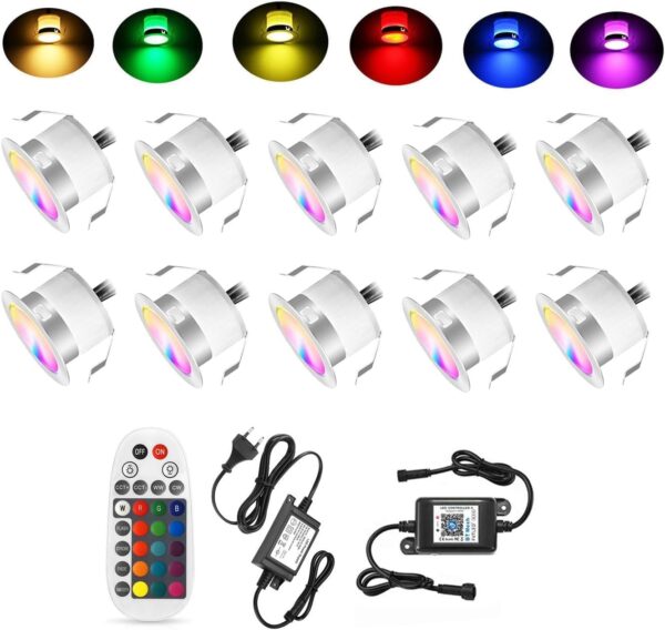 10er Bluetooth RGB Led Bodeneinbaustrahle Aussen 0.6W Ø31mm IP67 Wasserdicht LED Einbaustrahler Terrasse Küche Garten Led LampeFull Kit