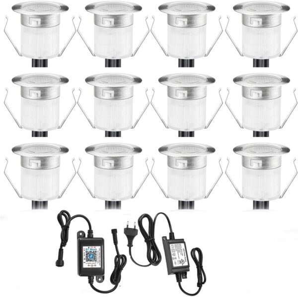 10er Bluetooth Smart Dimmbar 0.6W Warmweiß Kaltes Weiß, Weiß 3 in 1 LED Bodeneinbauleuchten 3000k-6000k Einbaustrahler, Ø30mm IP67 Wasserdicht LED Einbaustrahler Außen, timing...