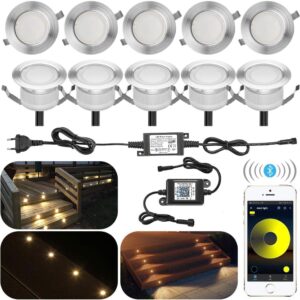 10er Set Bluetooth Dimmbar Warmweiß Led Bodeneinbaustrahle Aussen 1W Ø45mm IP67 Wasserdicht LED Einbaustrahler Terrasse Garten Led Lampe Full Kit