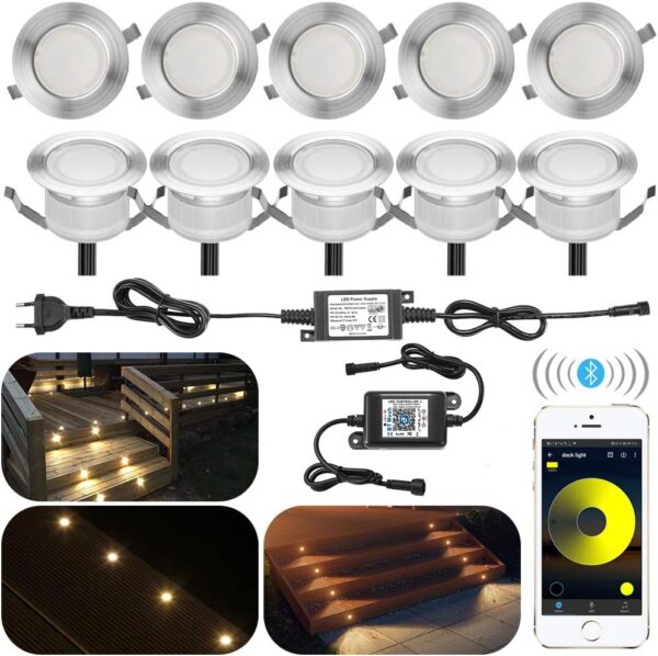 10er Set Bluetooth Dimmbar Warmweiß Led Bodeneinbaustrahle Aussen 1W Ø45mm IP67 Wasserdicht LED Einbaustrahler Terrasse Garten Led Lampe Full Kit