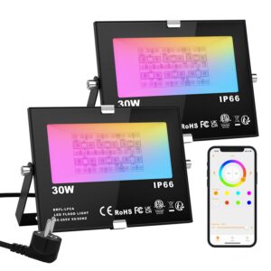 2er Pack RGB 15W LED Strahler Fluter Außen Bluetooth APP-Steuerung 16 million Farben und 20 Modi Smart LED Flutlichtstrahler, IP66 Außenstrahler Wasserdicht LED Flutlicht,...