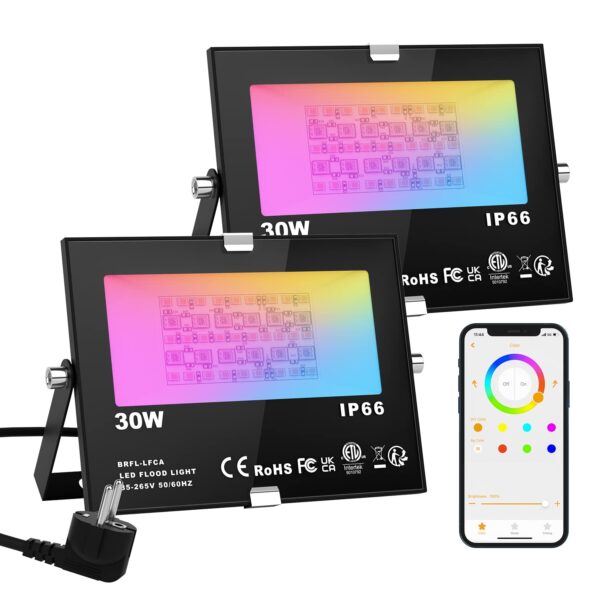 2er Pack RGB 15W LED Strahler Fluter Außen Bluetooth APP-Steuerung 16 million Farben und 20 Modi Smart LED Flutlichtstrahler, IP66 Außenstrahler Wasserdicht LED Flutlicht,...