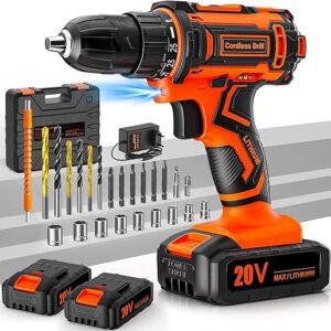 Akkuschrauber, 20V Akku Bohrschrauber Set mit 2 Akkus 2.0Ah, Akkubohrer 42Nm Drehmoment, 25+1 Drehmomentstufen, 10mm Bohrfutter, 2-Gang, LED-Licht, 24tlg Zubehör und Koffer, Für Reparatur & DIY