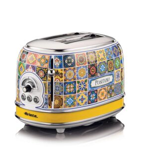 Ariete Toaster 155 Positano, Mediterranes Design, 2 Breite Schlitze, 6 Bräunungsstufen mit Automatischem Auswurf, Krümelfach, Toast-, Aufwärm- und Auftaufunktion, 810W