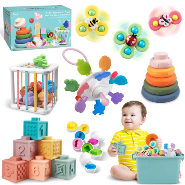 Baby Spielzeug für 6 bis 12 Monate, Montessori Spielzeug für Babys, Sensorisches Baby Spielzeug, 6 in 1 Motorikspielzeug, Stapelspielzeug Blöcken und Ringen, passende Eier,...