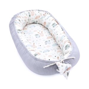 Babynest Neugeborene Nestchen Baby 90x50 cm - Kokon Handmade zweiseitig aus Baumwolle Waffel mit Babynestchen 1. Eulen Grau