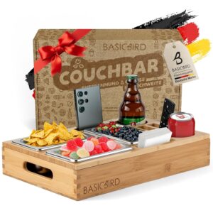 BASICBIRD® Couchbar Snackbox - Organizer Tablett- Snackspender mit 3X Snackschale - Holz Sofatablett für Sofa, Deko, Couch Bar mit Getränkehalter - Snackbox mit Fächern ...