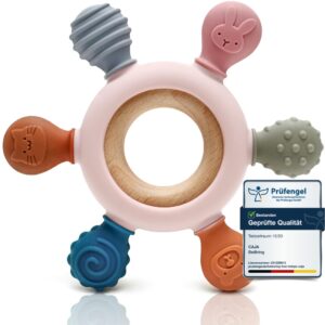 Beißring Baby - Beißspielzeug Zahnungshilfe aus Silikon & Holz, Baby, BPA-frei, Tiermotive, Zahnen & Greifring für Babys - Sicheres Spielzeug (Pink)