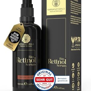BIO Retinol Serum hochdosiert 100ml • Retinol 5-Fach-Komplex +Hyaluron +Vitamin C ✓ Vegan & BIO ✓ hochwirksam verkapseltes Retinol für strahlende & reine Haut ohne Pickel ✓ Anti Aging Made in Germany
