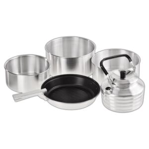 BLACK CREVICE Camping-Kochset I Camping-Kochgeschirr aus Aluminium I Outdoor-Kochgeschirr-Set I 3 Camping-Töpfe & 1 beschichtete Bratpfanne I Camping-Koch-Set inkl. Wasserkessel...