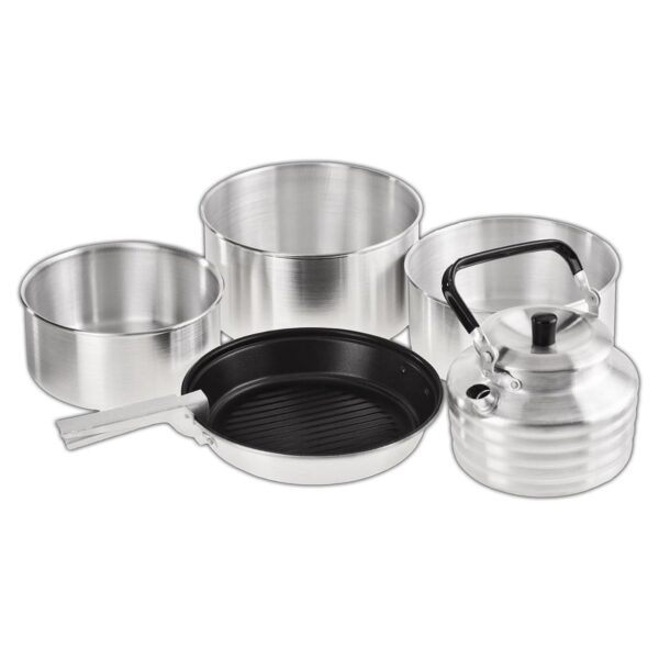 BLACK CREVICE Camping-Kochset I Camping-Kochgeschirr aus Aluminium I Outdoor-Kochgeschirr-Set I 3 Camping-Töpfe & 1 beschichtete Bratpfanne I Camping-Koch-Set inkl. Wasserkessel...