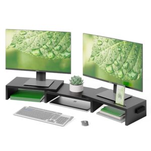 BONTEC Dual Monitor Stand Riser, Desktop Monitorständer mit Smartphone-Halter, Verstellbare Länge und Schwenkwinkel Holz Desktop Organizer, für PC Monitor Laptop Drucker