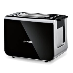 Bosch Toaster Styline TAT8613N, integrierter Brötchenaufsatz, Liftfunktion, Auftaufunktion, Abschaltautomatik, Brotzentrierung, 800 W, Edelstahl/schwarz