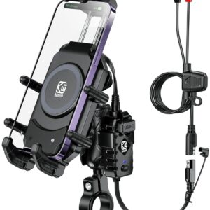 BRCOVAN Motorrad Handyhalterung mit Kabellosem Qi-15-W-Ladegerät und 30-W-PD/USB-C-Schnellladeanschluss, Diebstahlsicherer Lenker Handyhalter mit Vibrationsdämpfer für 5,4-7,2 Zoll