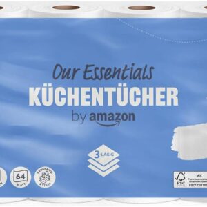by Amazon Küchenrolle, 3-lagig, 4 Rollen (4 Rollen, 1-er Pack), 64 Blätter pro Rolle, FSC-Zertifiziert
