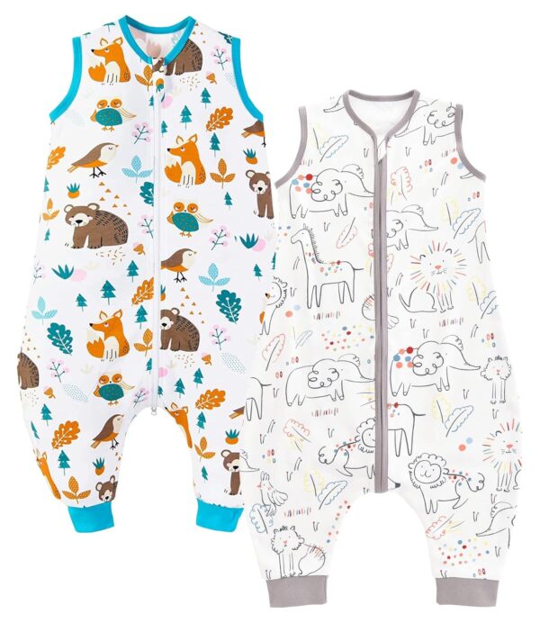 Chilsuessy 2er Pack Baby Schlafsack Sommer mit Füßen 0.5 Tog 100% Baumwolle Kinder Sommerschlafsack für Jungen und Mädchen, Glück Tiere+Waldtiere, 80cm/Baby Höhe 90-100cm