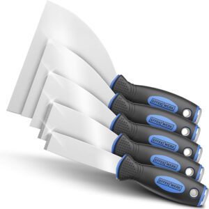 EFFEKTWERK Profi Spachtel Set - 5tlg Spachtel aus rostfreiem Edelstahl - 2x stabil zum Tapeten entfernen mit Anschliff & Metallplatte - 3x flexible Malerspachtel - Maler...