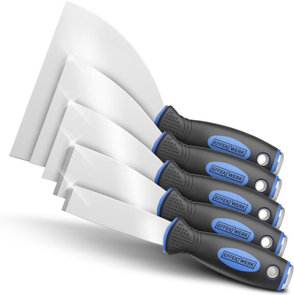 EFFEKTWERK Profi Spachtel Set - 5tlg Spachtel aus rostfreiem Edelstahl - 2x stabil zum Tapeten entfernen mit Anschliff & Metallplatte - 3x flexible Malerspachtel - Maler...