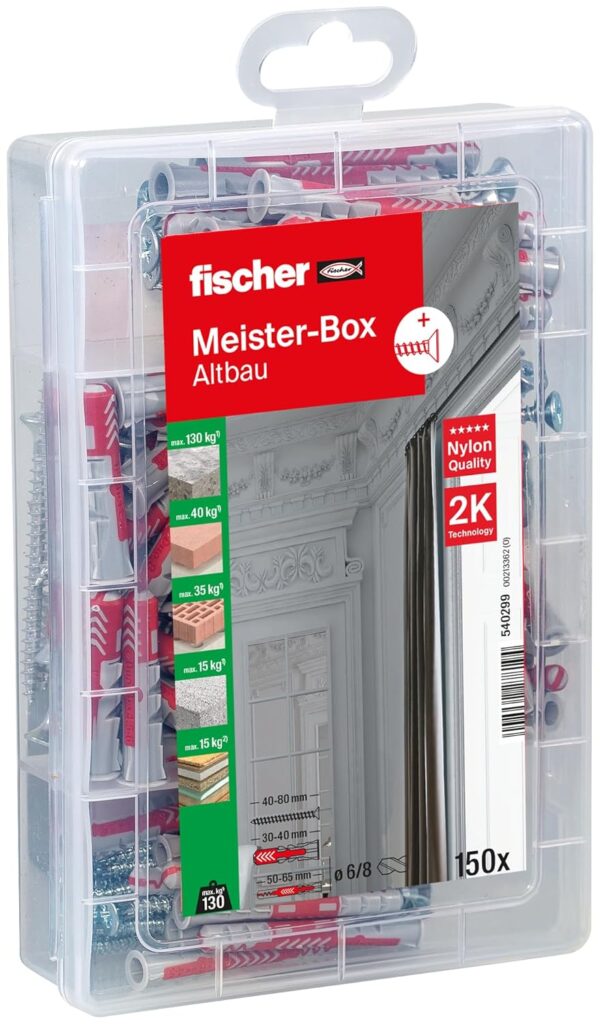 fischer Meister-Box Altbau, 150-teiliges Dübel- und Schraubenset, 6-8 mm Durchmesser, 30-65 mm Länge, für Heimwerker und Profis, Universaldübel DuoPower, optimal für Wände und...