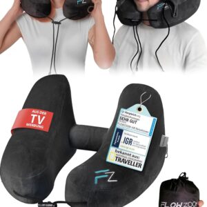 FLOWZOOM Air Nackenkissen Flugzeug – H-Design Reisekissen für 5 Schlafpositionen, schnell aufblasbar & druckregulierbar – Nackenhörnchen mit abnehmbarer Kapuze & weichem...