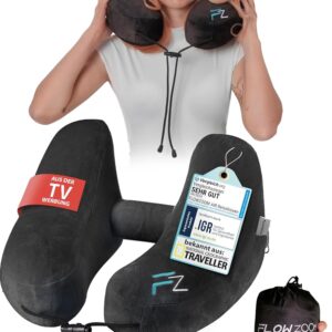 FLOWZOOM Air Nackenkissen Flugzeug – H-Design Reisekissen für 5 Schlafpositionen, schnell aufblasbar & druckregulierbar – Nackenhörnchen mit abnehmbarer Kapuze & weichem...
