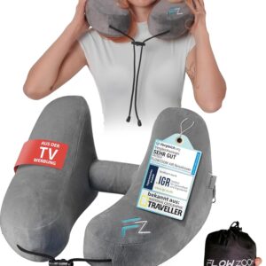 FLOWZOOM Air Nackenkissen Flugzeug – H-Design Reisekissen für 5 Schlafpositionen, schnell aufblasbar & druckregulierbar – Nackenhörnchen mit Abnehmbarer Kapuze & weichem...