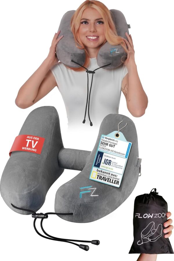FLOWZOOM Air Nackenkissen Flugzeug – H-Design Reisekissen für 5 Schlafpositionen, schnell aufblasbar & druckregulierbar – Nackenhörnchen mit Abnehmbarer Kapuze & weichem...