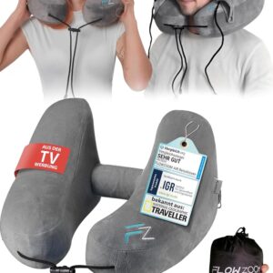 FLOWZOOM Air Nackenkissen Flugzeug – H-Design Reisekissen für 5 Schlafpositionen, schnell aufblasbar & druckregulierbar – Nackenhörnchen mit Abnehmbarer Kapuze & weichem...
