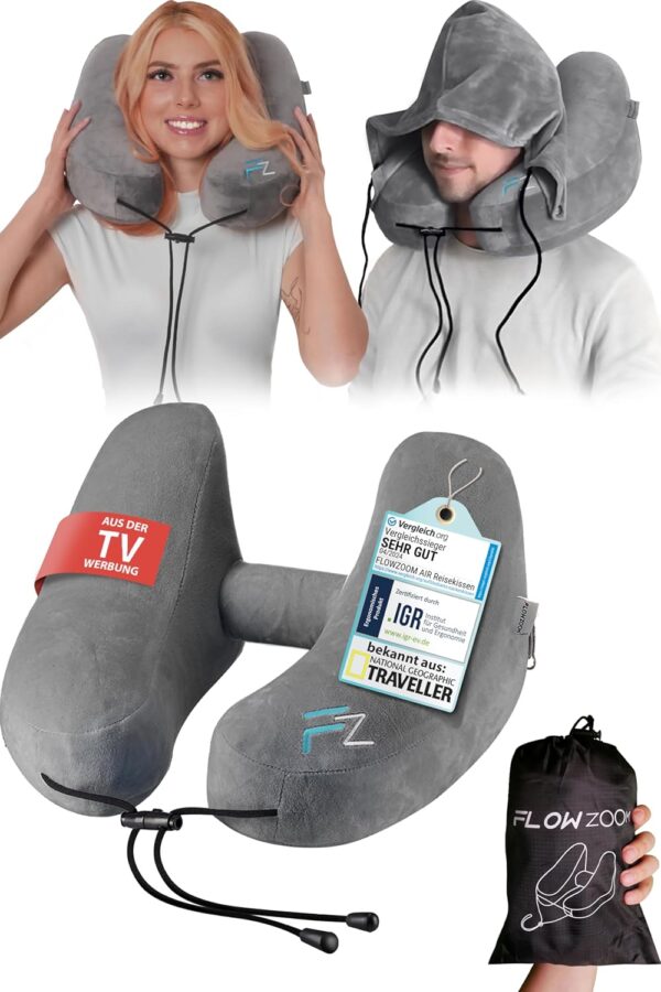 FLOWZOOM Air Nackenkissen Flugzeug – H-Design Reisekissen für 5 Schlafpositionen, schnell aufblasbar & druckregulierbar – Nackenhörnchen mit Abnehmbarer Kapuze & weichem...