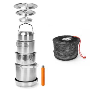 GFTIME Camping Kochset Camping Kochgeschirr aus Edelstahl, Camping Topf Pfanne Set, Camping Töpfe für Campingkocher, 5-teilig