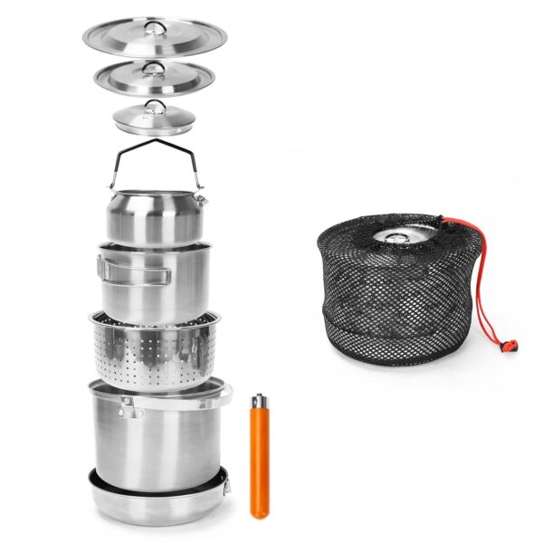 GFTIME Camping Kochset Camping Kochgeschirr aus Edelstahl, Camping Topf Pfanne Set, Camping Töpfe für Campingkocher, 5-teilig