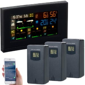 infactory WLAN Thermometer Outdoor: WLAN-Funk-Wetterstation mit 3 Außensensoren, Farbdisplay, Uhr und App (Thermometer Gewächshaus, Aussenthermometer, Temperatursensor wasserdicht)
