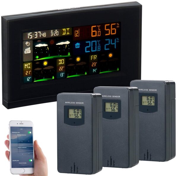 infactory WLAN Thermometer Outdoor: WLAN-Funk-Wetterstation mit 3 Außensensoren, Farbdisplay, Uhr und App (Thermometer Gewächshaus, Aussenthermometer, Temperatursensor wasserdicht)