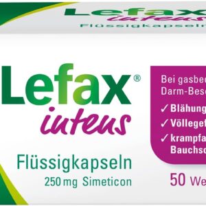 Lefax Intens Flüssigkapseln bei stärkeren Blähungen und weiteren gasbedingten Beschwerden wie Druck- und Völlegefühl, krampfartigen Bauchschmerzen; leicht zu schlucken, 50 Stück