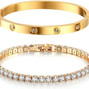 NTRUXZP Tennisarmband Damen Zirkonia Armreif : 2Pcs Armband für Frauen Edelstal 6mm Breit 17cm Armbänder Schmuck Geschenk golden für Mama Freund Tochter