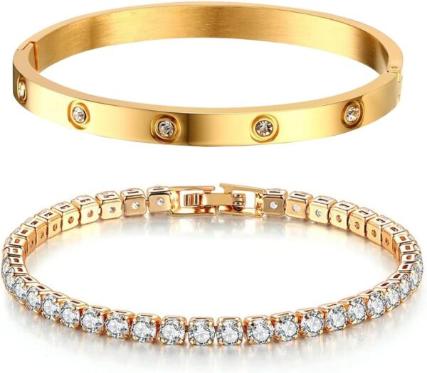NTRUXZP Tennisarmband Damen Zirkonia Armreif : 2Pcs Armband für Frauen Edelstal 6mm Breit 17cm Armbänder Schmuck Geschenk golden für Mama Freund Tochter