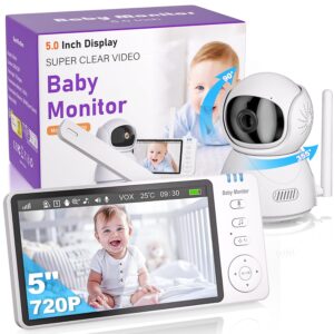OBVHNUA Babyphone mit Kamera 5 Zoll Video Babyphone 720p HD 2X 4X Digitalzoom Zwei Wege Audio VOX Modus Nachtsicht Temperaturüberwachung 8 Schlaflieder 5 Wecker