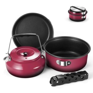 Odoland 5pcs Camping Geschirr Set, Antihaft-Leichtgewicht Topf Pfanne Kettle Set mit einem abnehmbaren Griff - Perfekt für Backpacking, Camping, Wandern und Picknick