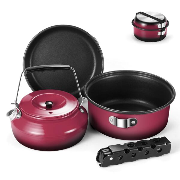 Odoland 5pcs Camping Geschirr Set, Antihaft-Leichtgewicht Topf Pfanne Kettle Set mit einem abnehmbaren Griff - Perfekt für Backpacking, Camping, Wandern und Picknick