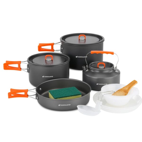 Odoland Camping Geschirr Set 15 Teilig, Outdoor Kochgeschirr Set mit 2 Topfe, Bratpfanne und Wasserkocher Camping Kochtopf Set, Kochgeschirr Aluminium für 4-5 Personen