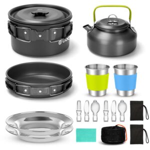 Odoland Camping Kochgeschirr Set Antihaft-Topf und Pfanne Set mit Wasserkocher, Edelstahl Utensilien Mess Kit, Tassen Teller Messer Löffel Gabeln für Outdoor Kochen