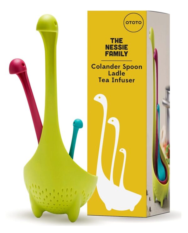 OTOTO The Nessie Family Soup Ladle and Tea Infuser Set - Durable Silicone, Colander for Cooking & Tea Infusers - 100% Food safe, BPA Free Spoon - Heat Resistant Fun Kitchen Gadgets
