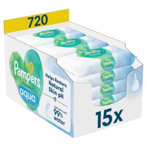 Pampers Harmonie Aqua Feuchttücher 15 Packungen mit jeweils 48 Feuchttüchern - 720 Feuchttücher, die helfen, den natürlichen pH-Wert der Haut wiederherzustellen, leichte Lotion...