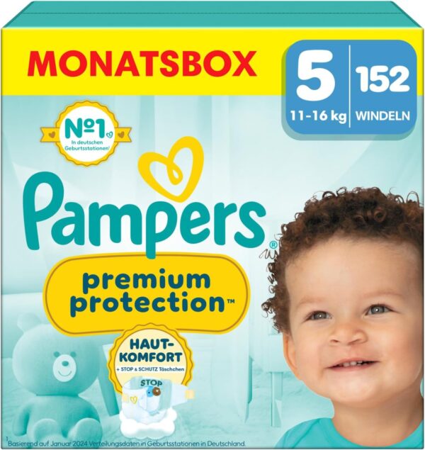 Pampers Premium Protection Größe 5, 152 Windeln, 11kg-16kg, Doppelter Schutz für die Haut und vor Auslaufen