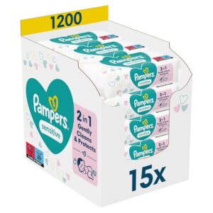 Pampers Sensitive Feuchttücher 15 Packungen mit 80 Stück, 1200 Feuchttücher, ohne Duft, für eine sanfte und weiche Reinigung