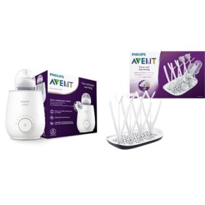 Philips AVENT SCF358/00 Flaschenwärmer für schnelles und gleichmäßiges Erwärmen von Milch & Babynahrung, weiß & SCF149/00 Trockenständer, weiß/blau