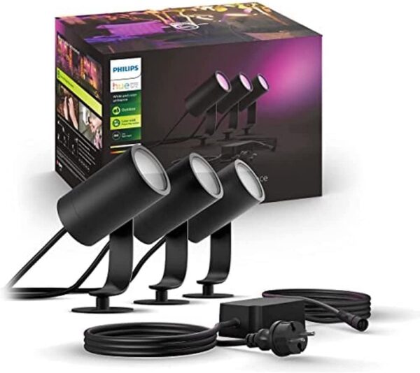 Philips Hue White & Color Ambiance Lily Gartenspot Basis Set 3er Pack (1.770 lm), dimmbare Außenleuchten mit 16 Millionen Farben, smarte Lichtsteuerung über Sprache oder App,...