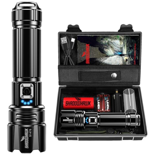Shadowhawk Taschenlampe Led 500000 Lumen, Extrem Hell Taschenlampe USB Aufladbar Taktische Taschenlampen Mit holster XHP70.2, IP67 Wasserdicht 5 Lichtmodi für Camping Wandern...
