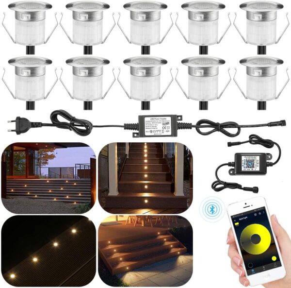 SUBOSI 10er Set Bluetooth Dimmbar Warmweiß Led Bodeneinbaustrahle Aussen 0.6W Ø30mm IP67 Wasserdicht LED Einbaustrahler Terrasse Garten Led Lampe Full Kit