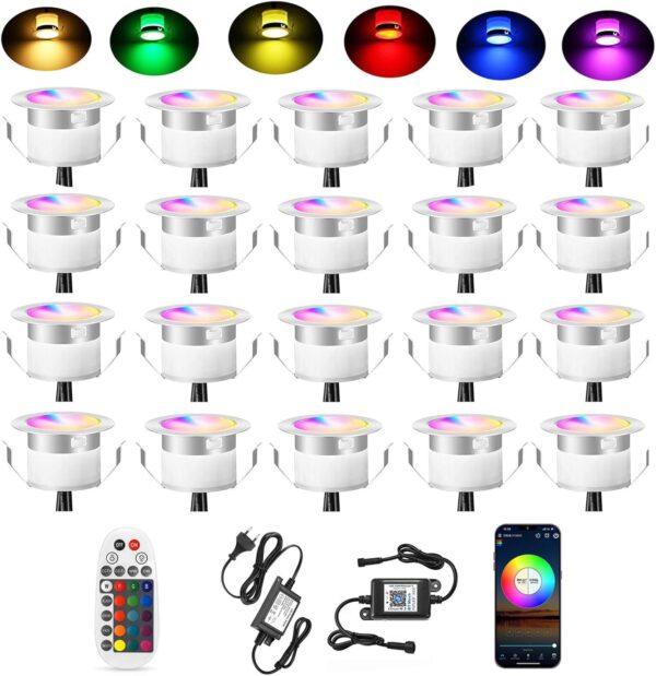 SUBOSI 20er Bluetooth RGBWW Led Bodeneinbaustrahle Aussen 0.5W Ø45mm IP67 Wasserdicht LED Einbaustrahler Terrasse Küche Garten Led Lampe Full Kit